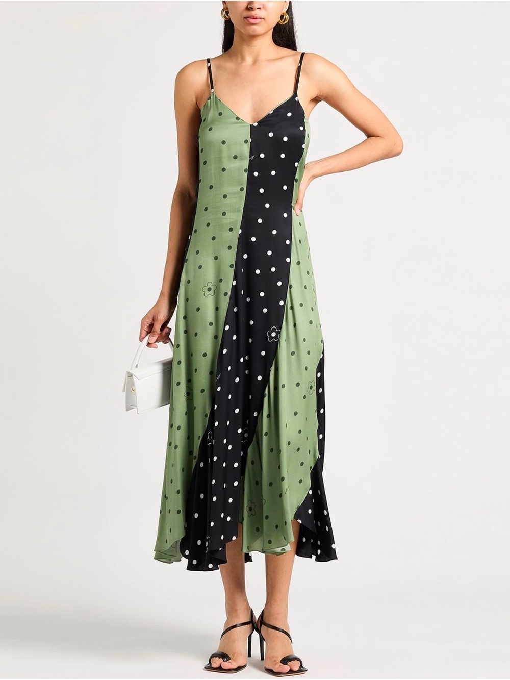 Kenzo Two-Tone Polka Dot Slip Maxi Dress in Green and Black